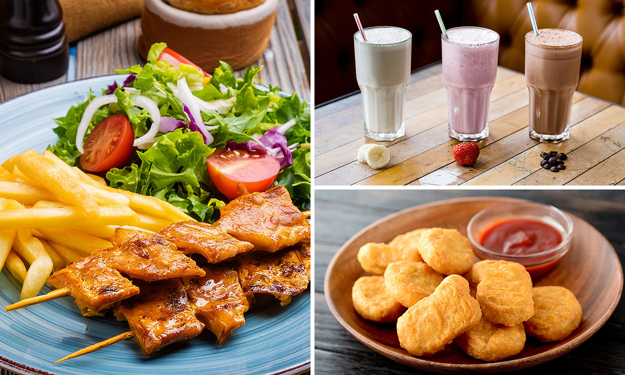 Schotel naar keuze + patat + saus + salade + evt. milkshake of frisdrank